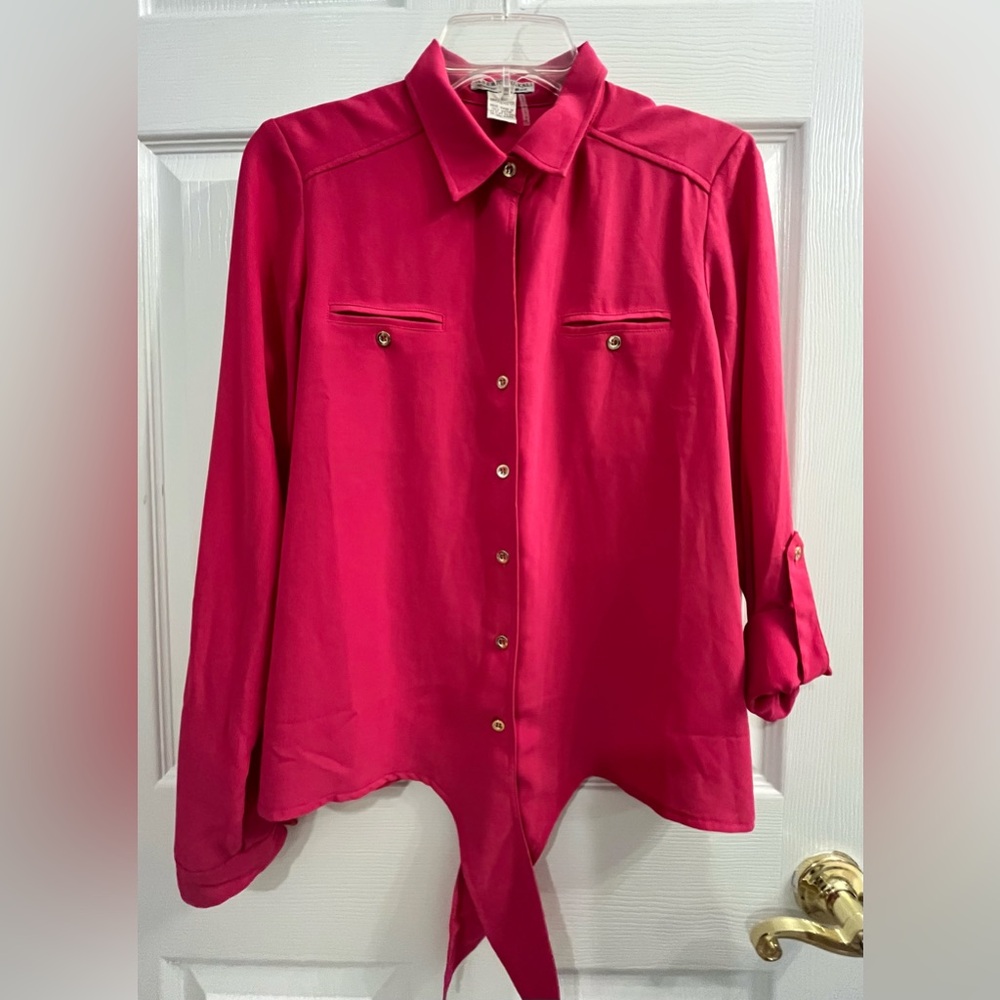 Alberto Makali Women's Pink Button-Up Tie front Roll up Sleeves Blouse